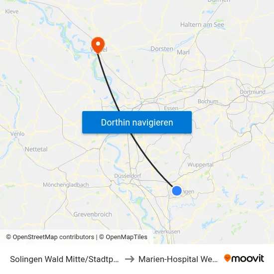 Solingen Wald Mitte/Stadtpark to Marien-Hospital Wesel map