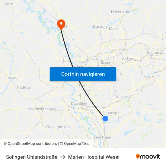 Solingen Uhlandstraße to Marien-Hospital Wesel map