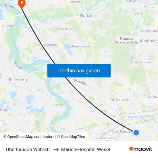 Oberhausen Wehrstr. to Marien-Hospital Wesel map
