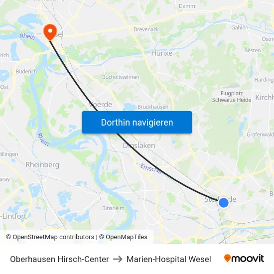 Oberhausen Hirsch-Center to Marien-Hospital Wesel map