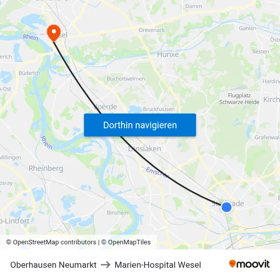 Oberhausen Neumarkt to Marien-Hospital Wesel map