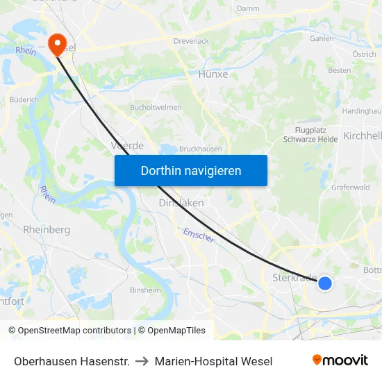 Oberhausen Hasenstr. to Marien-Hospital Wesel map