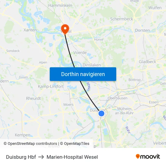 Duisburg Hbf to Marien-Hospital Wesel map