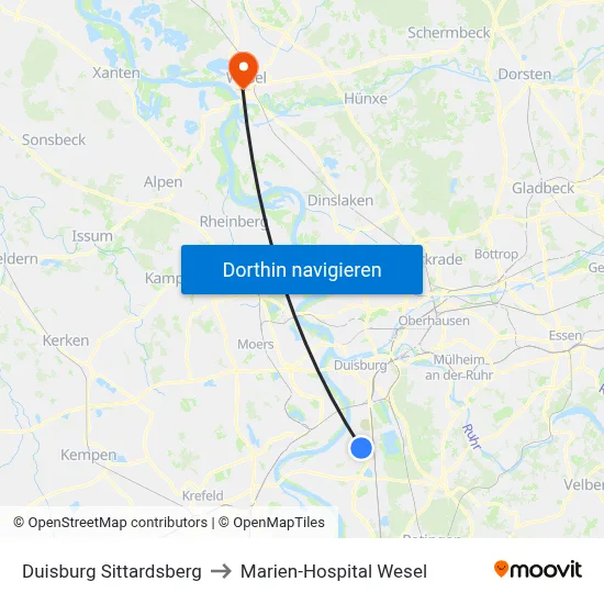 Duisburg Sittardsberg to Marien-Hospital Wesel map