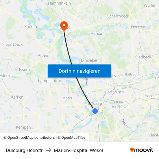 Duisburg Heerstr. to Marien-Hospital Wesel map