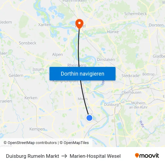Duisburg Rumeln Markt to Marien-Hospital Wesel map