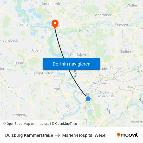 Duisburg Kammerstraße to Marien-Hospital Wesel map