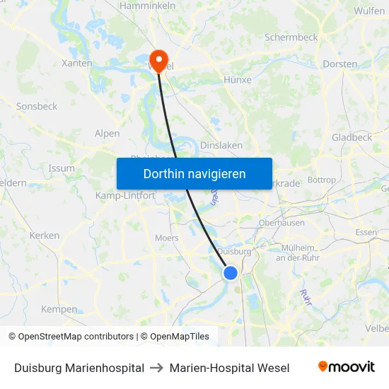 Duisburg Marienhospital to Marien-Hospital Wesel map