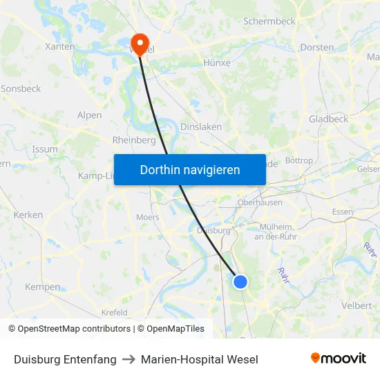 Duisburg Entenfang to Marien-Hospital Wesel map