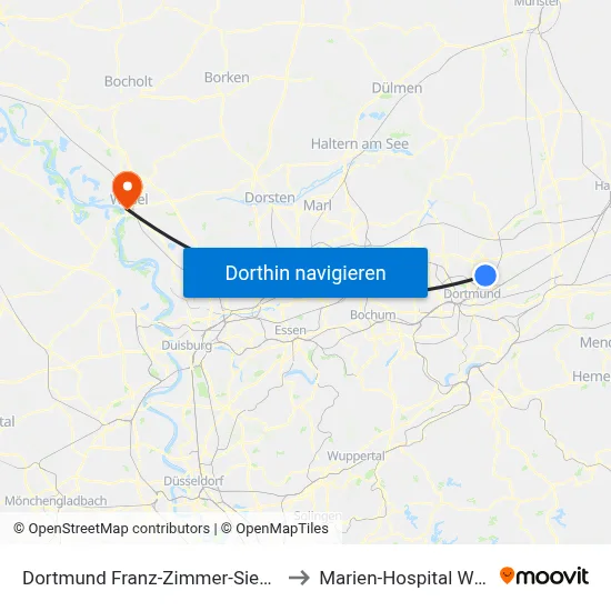 Dortmund Franz-Zimmer-Siedlung to Marien-Hospital Wesel map