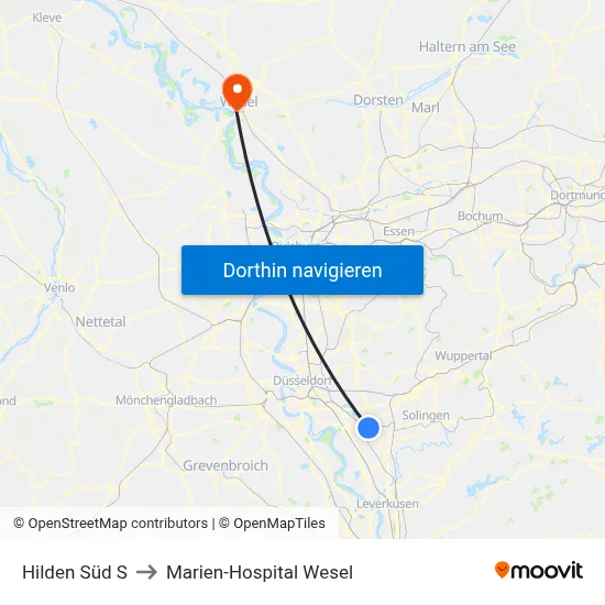 Hilden Süd S to Marien-Hospital Wesel map