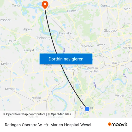 Ratingen Oberstraße to Marien-Hospital Wesel map