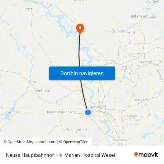 Neuss Hauptbahnhof to Marien-Hospital Wesel map
