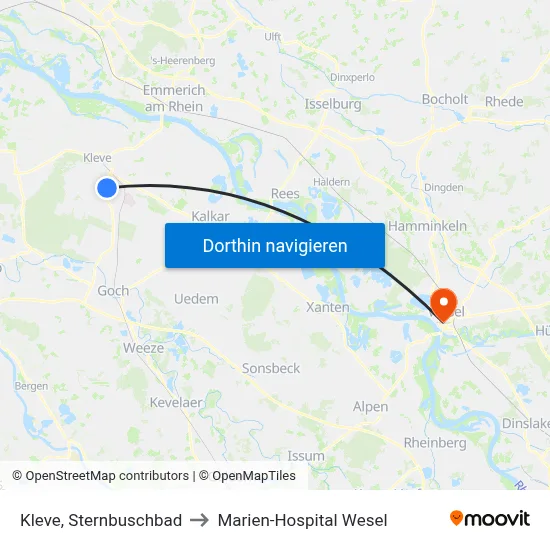 Kleve, Sternbuschbad to Marien-Hospital Wesel map