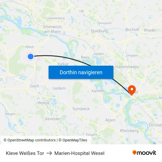 Kleve Weißes Tor to Marien-Hospital Wesel map