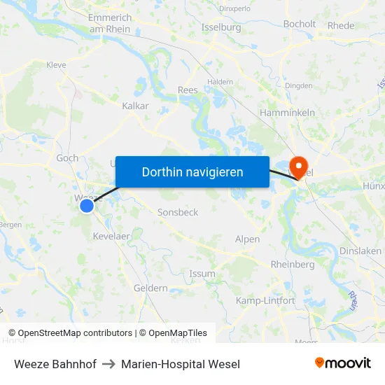 Weeze Bahnhof to Marien-Hospital Wesel map