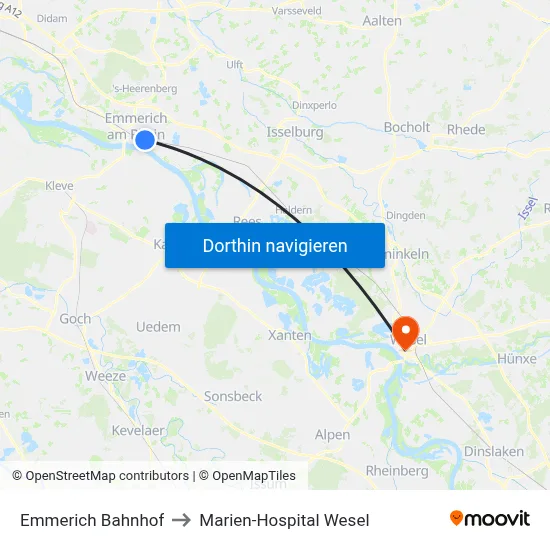 Emmerich Bahnhof to Marien-Hospital Wesel map
