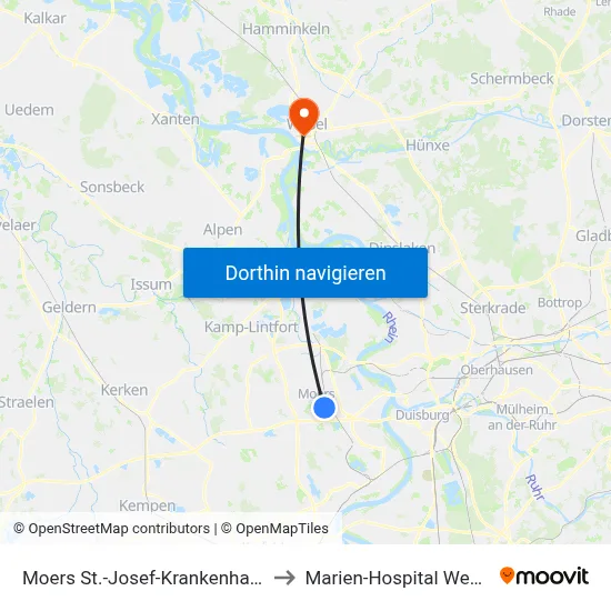 Moers St.-Josef-Krankenhaus to Marien-Hospital Wesel map