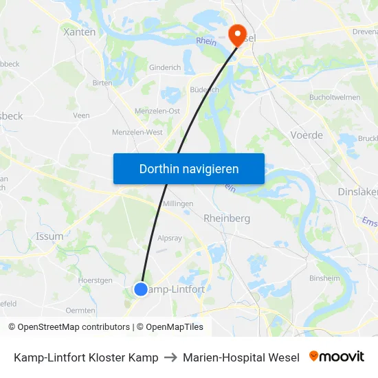 Kamp-Lintfort Kloster Kamp to Marien-Hospital Wesel map