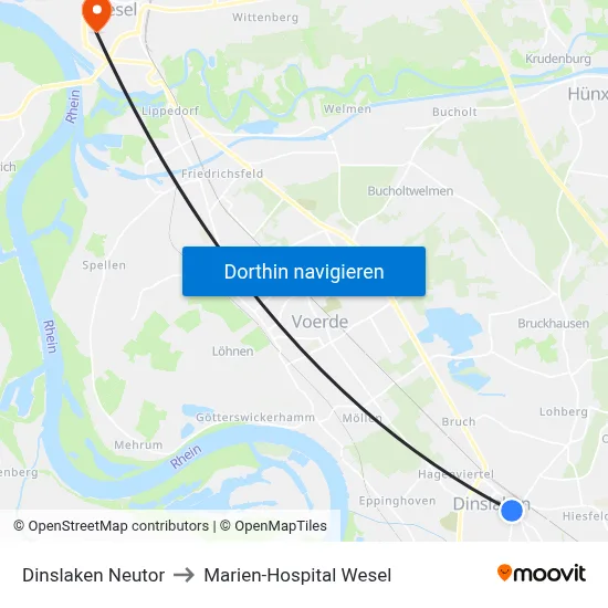 Dinslaken Neutor to Marien-Hospital Wesel map