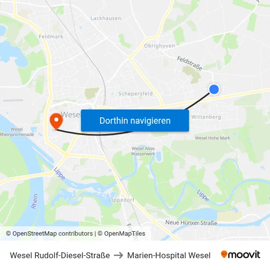 Wesel Rudolf-Diesel-Straße to Marien-Hospital Wesel map