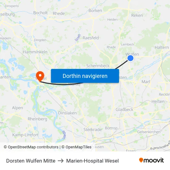 Dorsten Wulfen Mitte to Marien-Hospital Wesel map