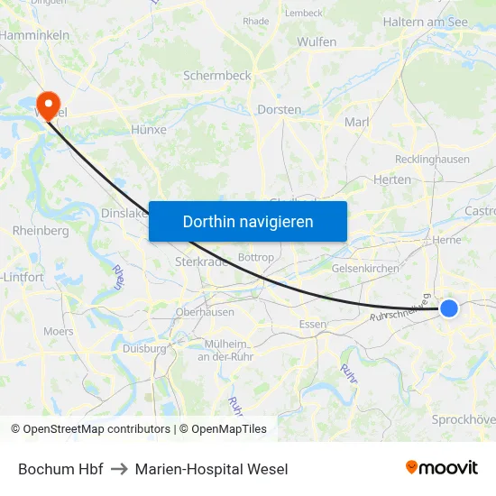 Bochum Hbf to Marien-Hospital Wesel map