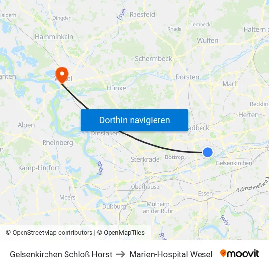 Gelsenkirchen Schloß Horst to Marien-Hospital Wesel map