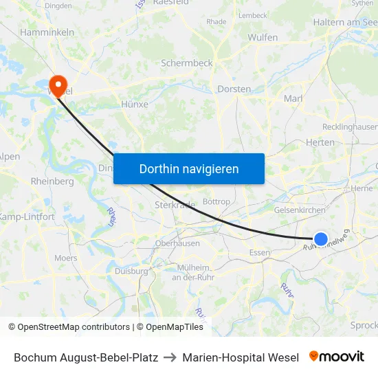 Bochum August-Bebel-Platz to Marien-Hospital Wesel map
