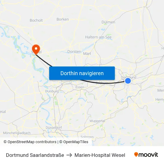 Dortmund Saarlandstraße to Marien-Hospital Wesel map