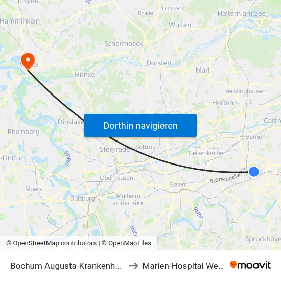 Bochum Augusta-Krankenhaus to Marien-Hospital Wesel map