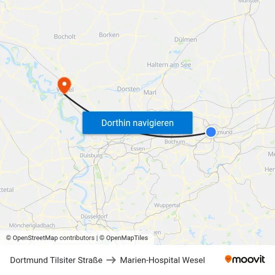 Dortmund Tilsiter Straße to Marien-Hospital Wesel map