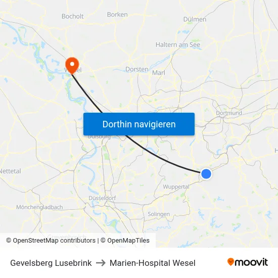 Gevelsberg Lusebrink to Marien-Hospital Wesel map