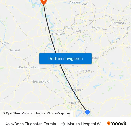 Köln/Bonn Flughafen Terminal 2 to Marien-Hospital Wesel map