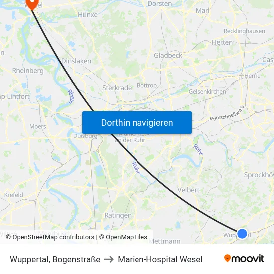 Wuppertal, Bogenstraße to Marien-Hospital Wesel map
