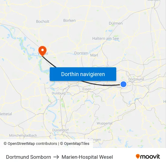 Dortmund Somborn to Marien-Hospital Wesel map