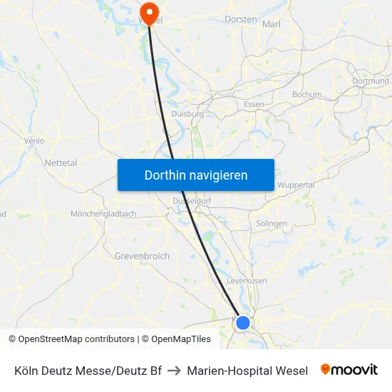Köln Deutz Messe/Deutz Bf to Marien-Hospital Wesel map