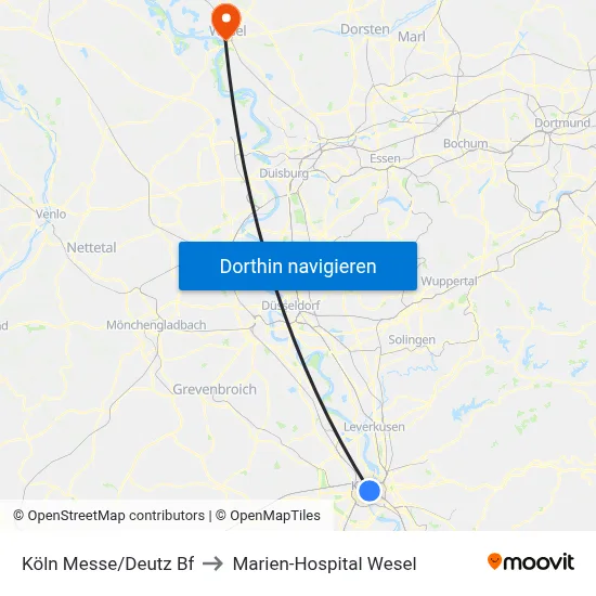 Köln Messe/Deutz Bf to Marien-Hospital Wesel map