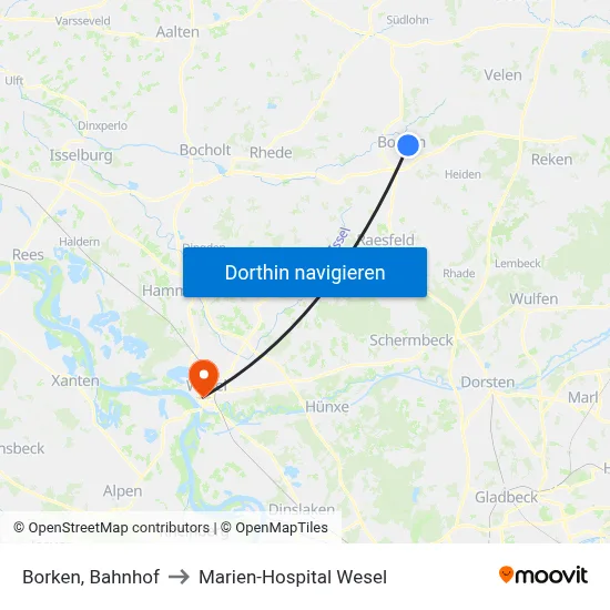 Borken, Bahnhof to Marien-Hospital Wesel map