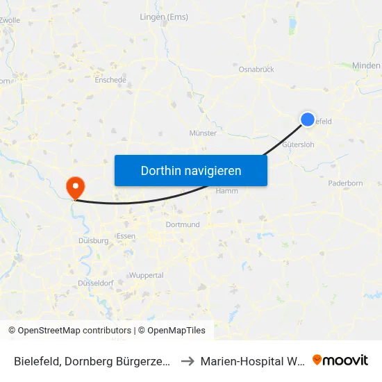 Bielefeld, Dornberg Bürgerzentrum to Marien-Hospital Wesel map