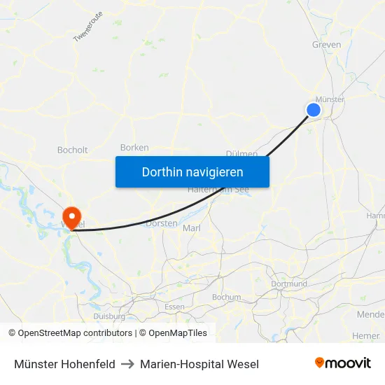 Münster Hohenfeld to Marien-Hospital Wesel map