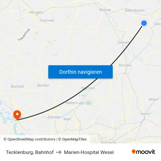 Tecklenburg, Bahnhof to Marien-Hospital Wesel map