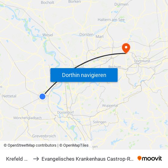 Krefeld Hbf to Evangelisches Krankenhaus Castrop-Rauxel map