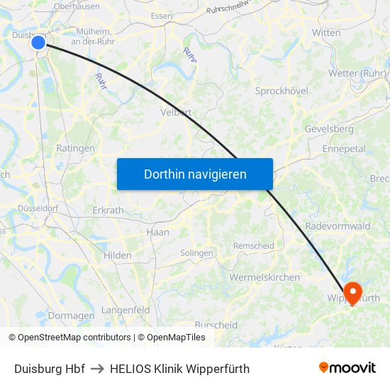 Duisburg Hbf to HELIOS Klinik Wipperfürth map