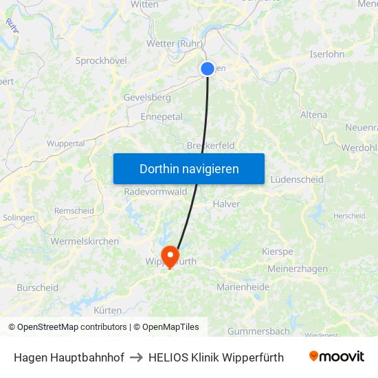 Hagen Hauptbahnhof to HELIOS Klinik Wipperfürth map