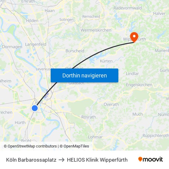 Köln Barbarossaplatz to HELIOS Klinik Wipperfürth map