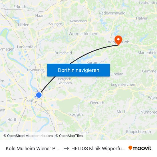 Köln Mülheim Wiener Platz to HELIOS Klinik Wipperfürth map