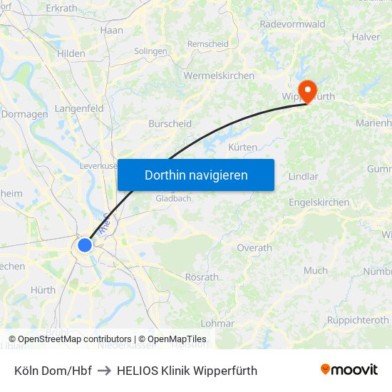 Köln Dom/Hbf to HELIOS Klinik Wipperfürth map