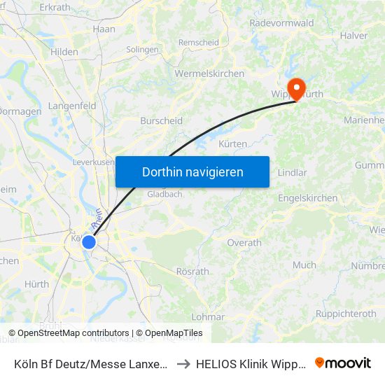 Köln Bf Deutz/Messe Lanxess Arena to HELIOS Klinik Wipperfürth map