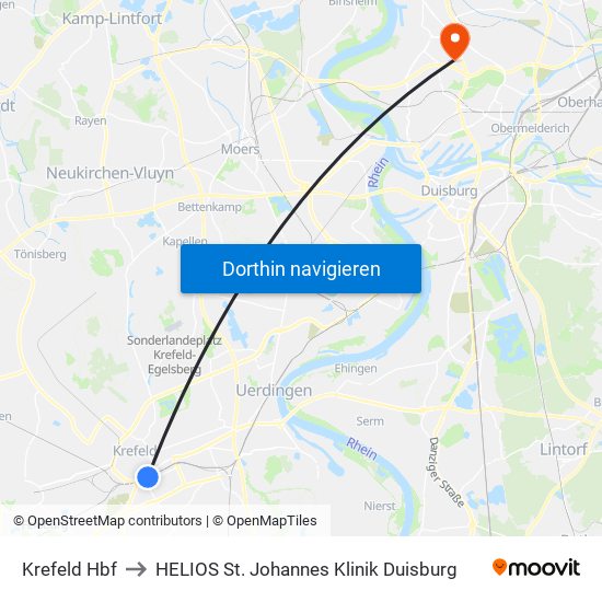 Krefeld Hbf to HELIOS St. Johannes Klinik Duisburg map